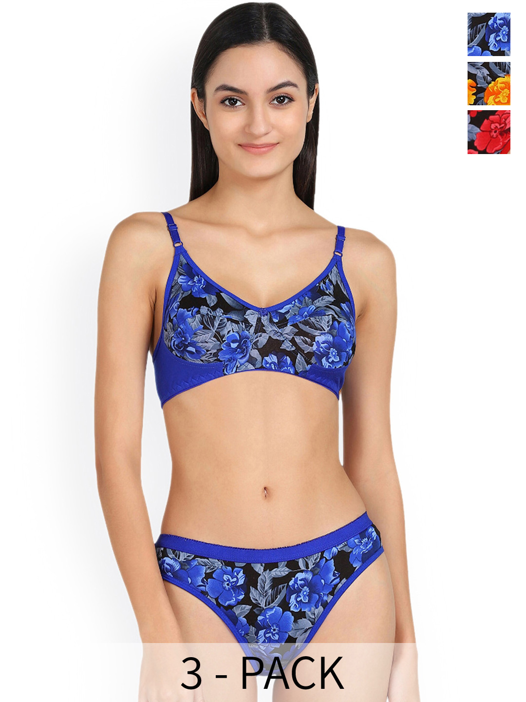 

AROUSY Pack Of 3 Floral Printed Cotton Briefs Lingerie Set, Blue