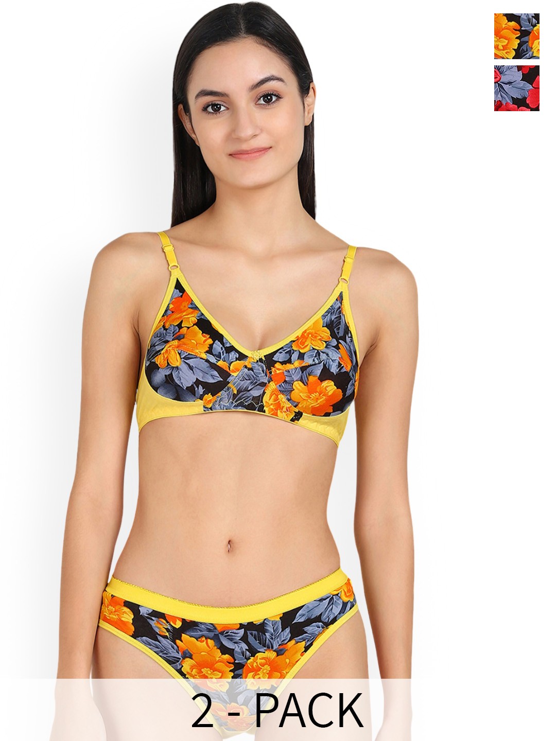 

AROUSY Pack Of 2 Printed Cotton Lingerie Sets, Yellow