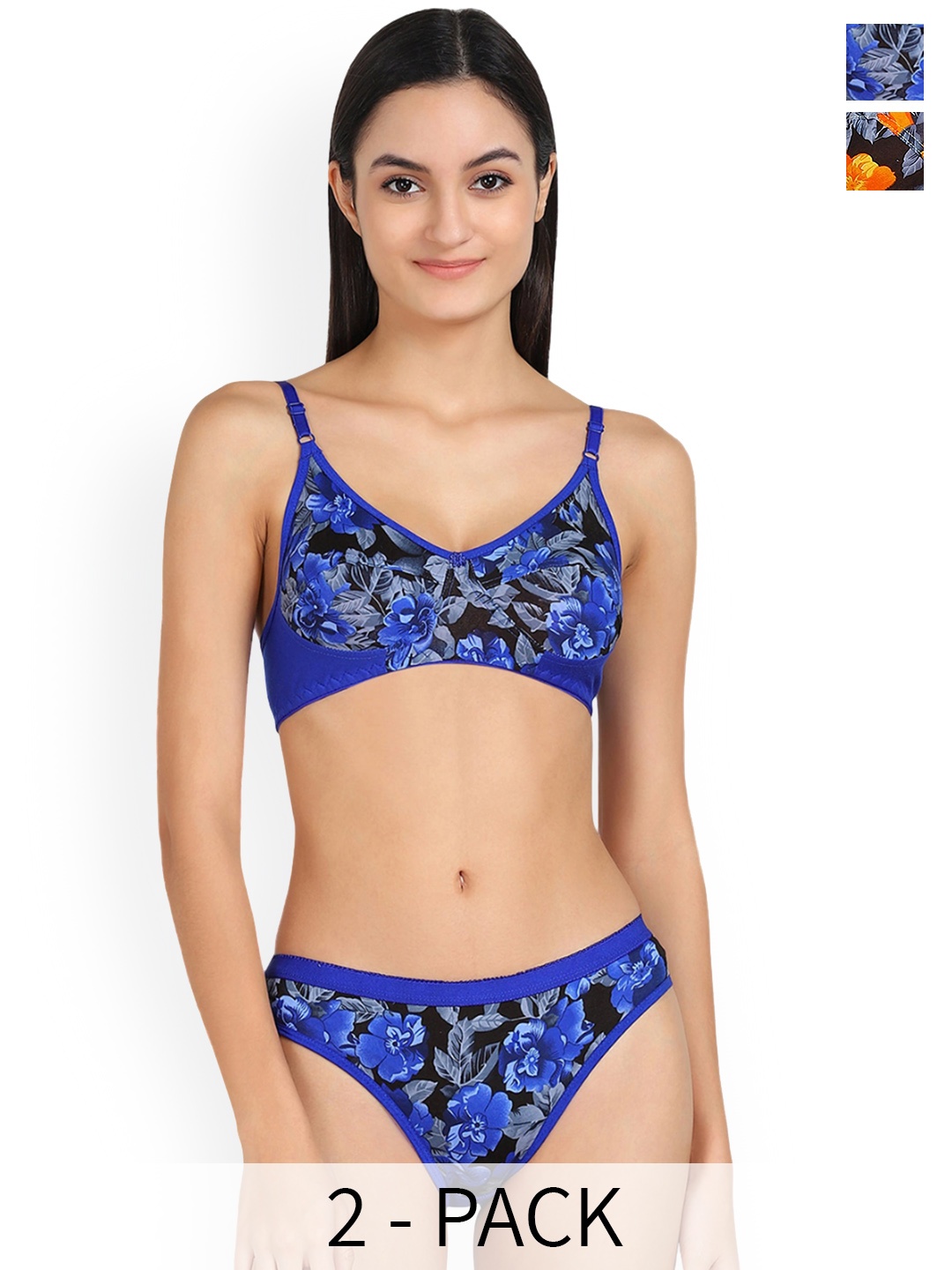 AROUSY Pack Of 2 Printed Cotton Lingerie Sets, Blue