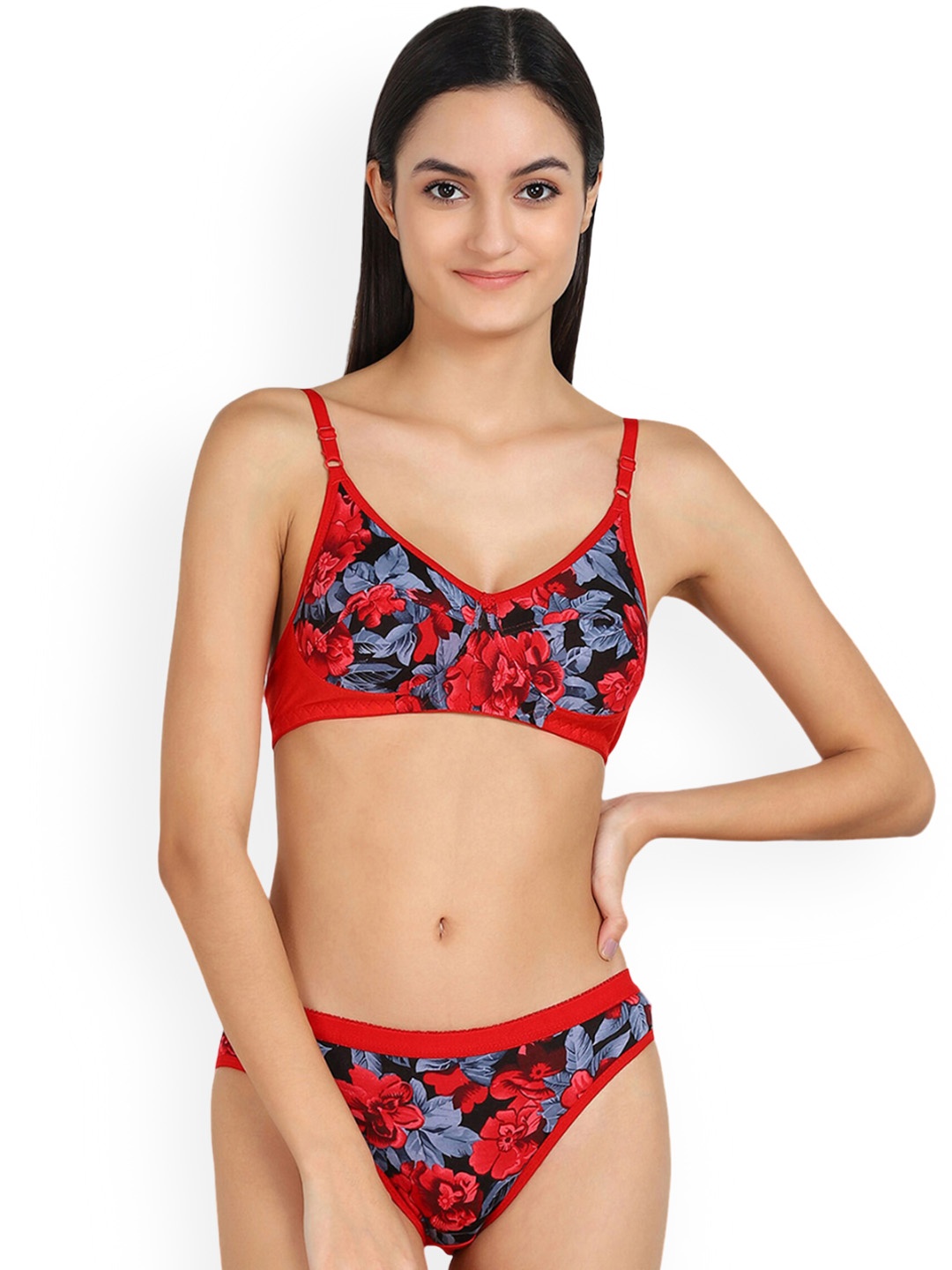 AROUSY Floral Printed Cotton Briefs Lingerie Set, Black