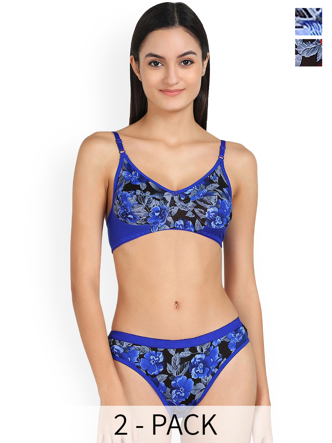 

AROUSY Pack Of 2 Floral Printed Cotton Briefs Lingerie Set, Blue