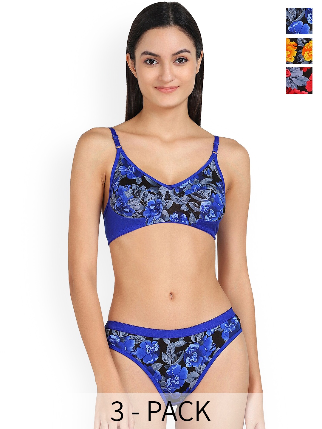 

AROUSY Pack Of 3 Printed Cotton Lingerie Sets, Blue