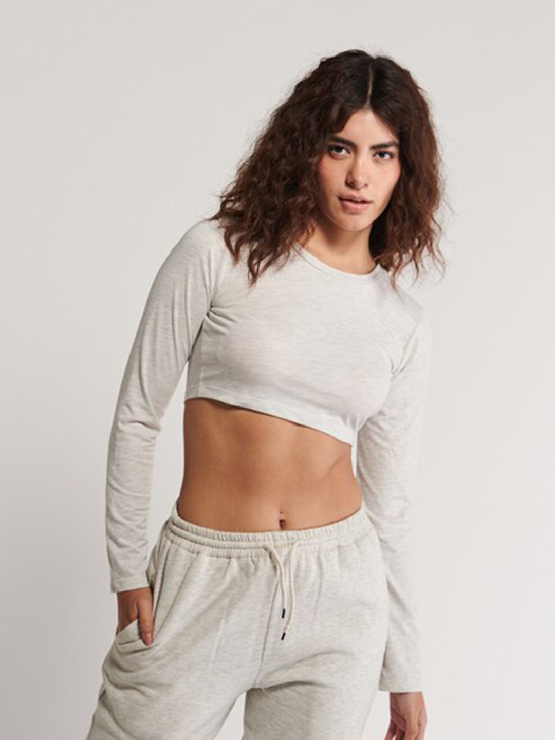 

SOTBELLA Long Sleeves Pure Cotton Crop Top, Grey