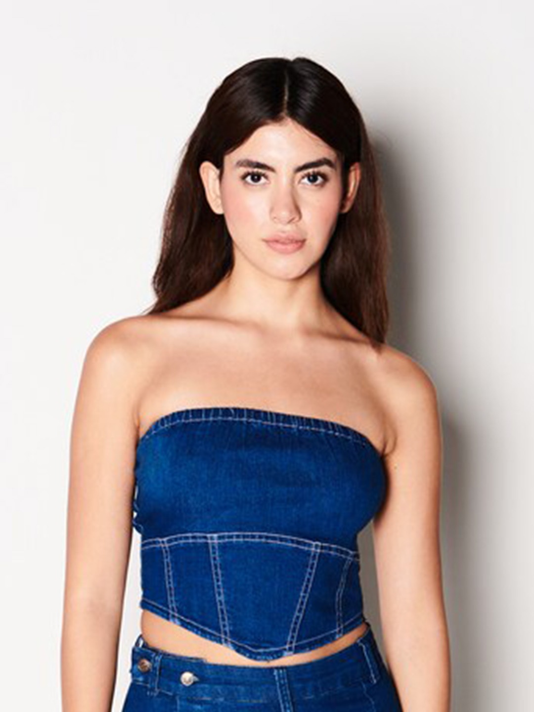 

SOTBELLA Strapless Denim Tube Crop Top, Blue