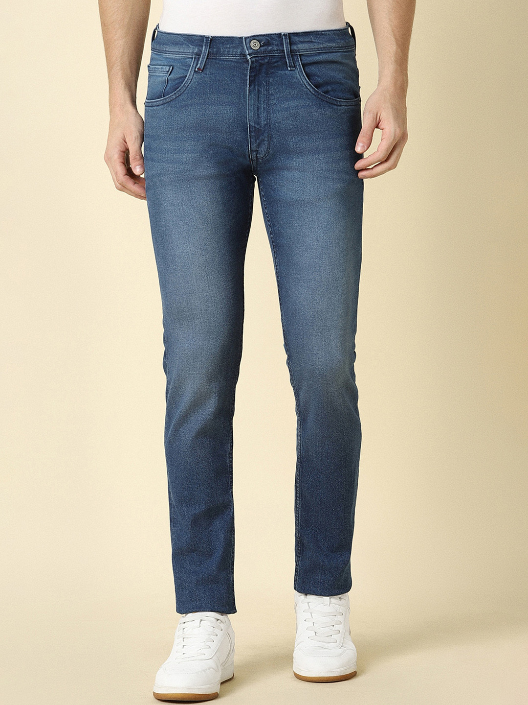 

Allen Solly Men Skinny Fit Mid-Rise Heavy Fade Dark Shade Clean Look Stretchable Jeans, Blue
