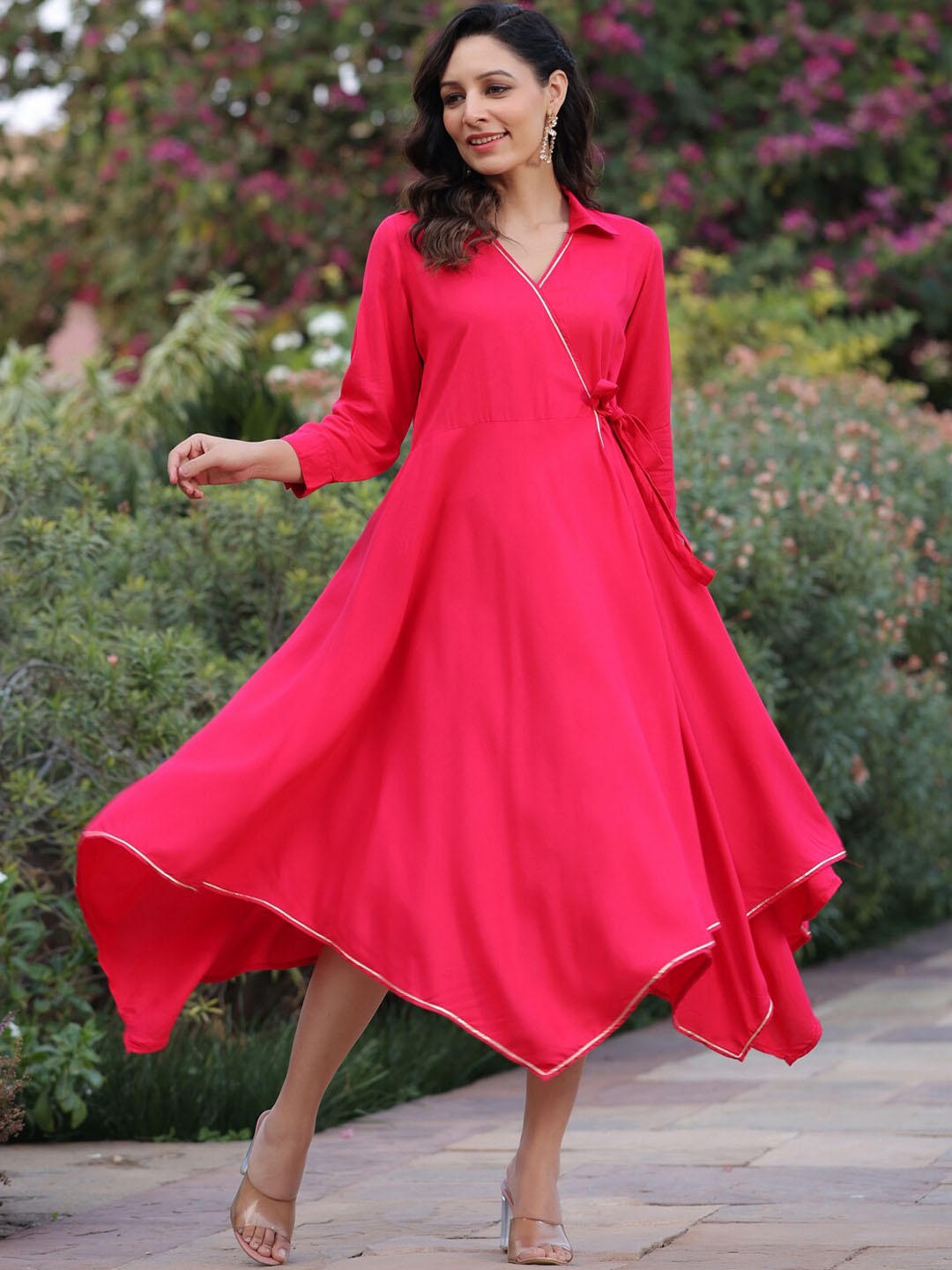 

Rain & Rainbow Shirt Collar Asymmetric Wrap Maxi Ethnic Dress, Fuchsia