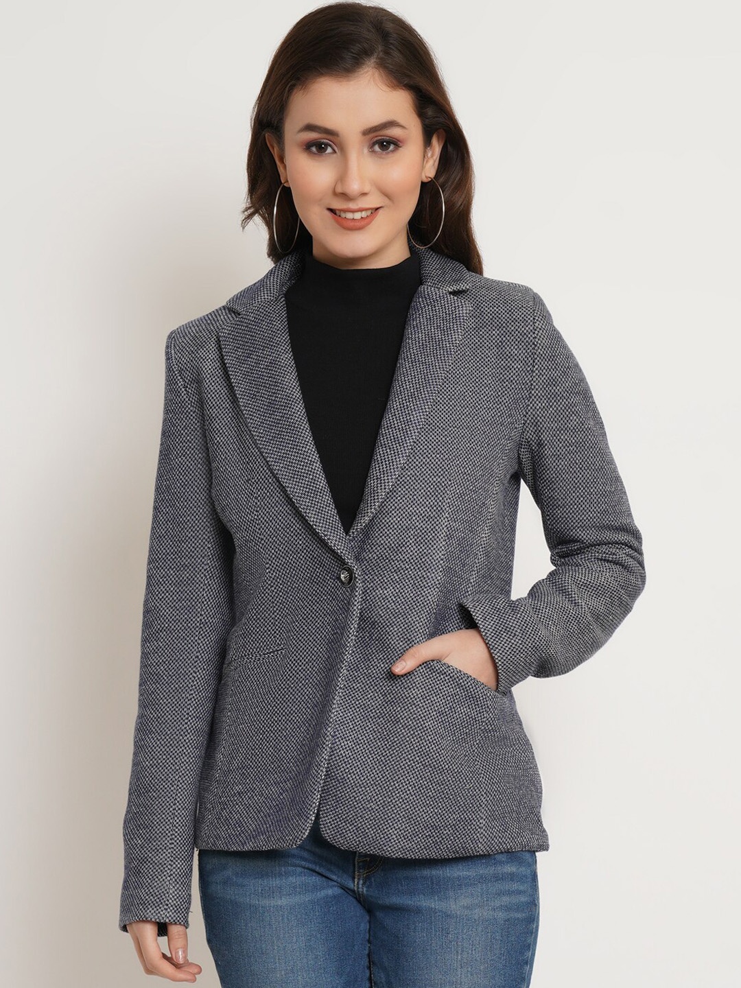 

WESTCLO Self-Design Slim-Fit Notched Lapel Collar Single-Breasted Blazer, Grey