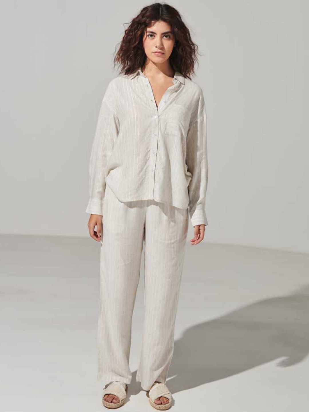 

SOTBELLA Striped Shirt Collar Pure Cotton Shirt With Trouser, White