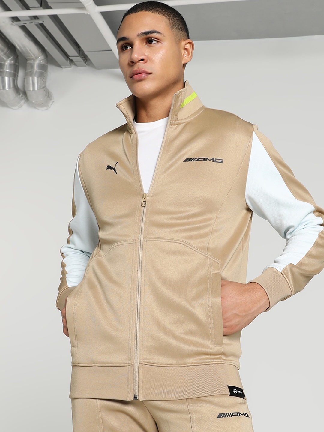 

PUMA Motorsport AMG Colourblocked Stand Collar Sporty Jacket, Beige