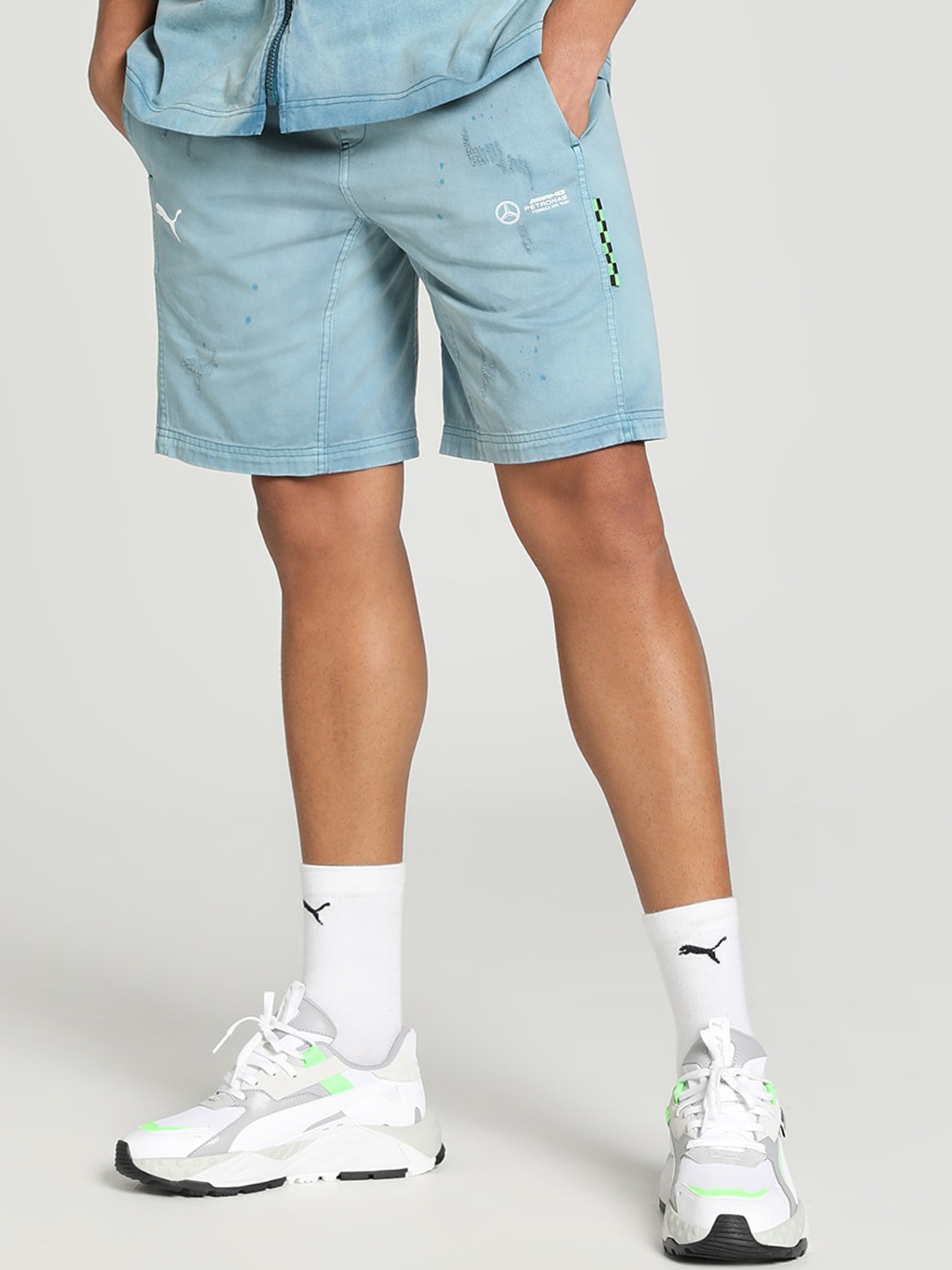 

PUMA Motorsport AMG Men Mid-Rise Distressed Cotton Shorts, Blue