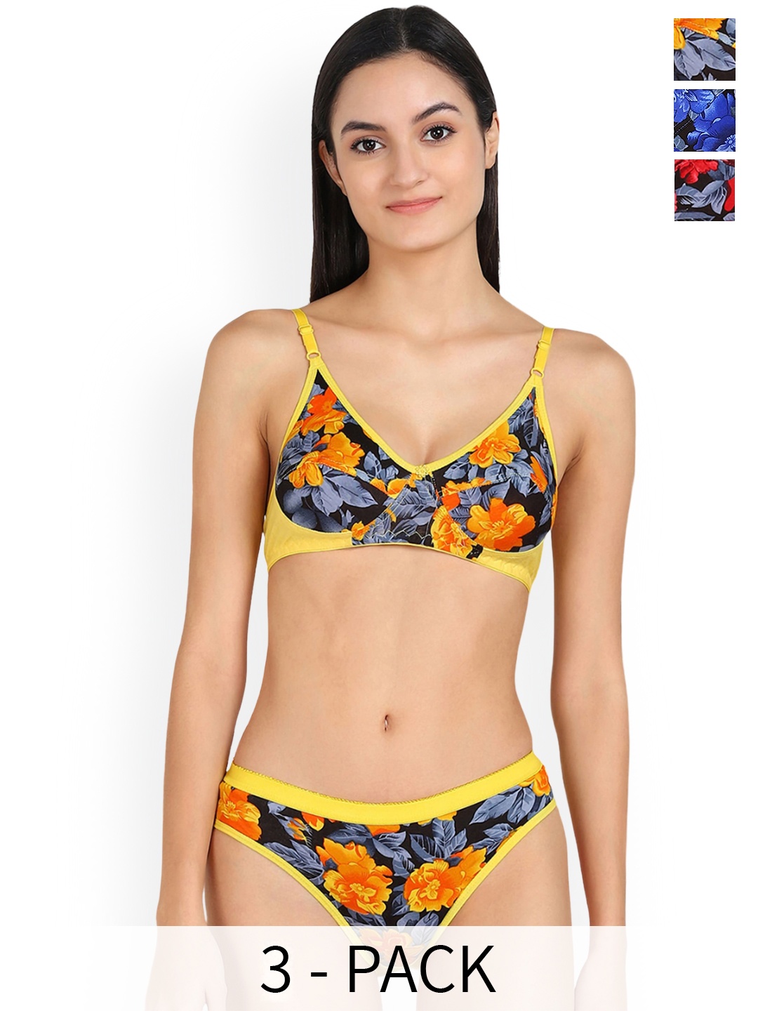 

PIBU Pack Of 3 Printed Cotton Lingerie Set, Blue