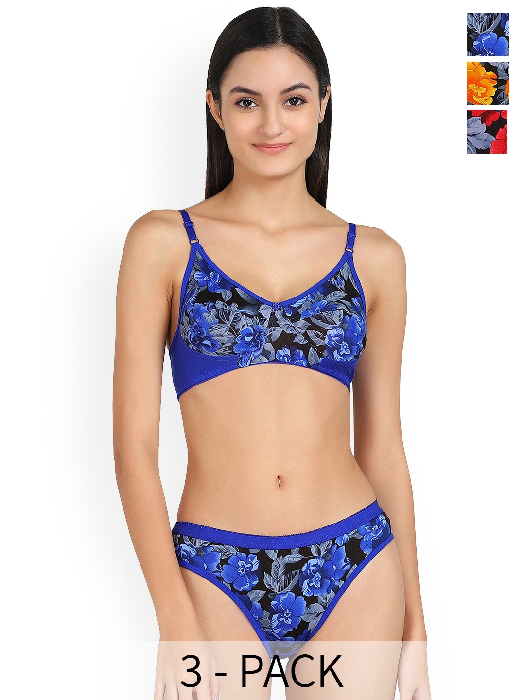 

PIBU Pack Of 3 Printed Cotton Lingerie Set, Blue