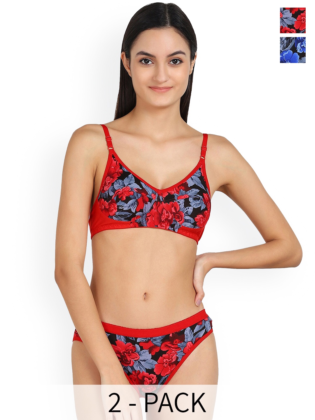 PIBU Pack Of 2 Printed Cotton Lingerie Set, Blue