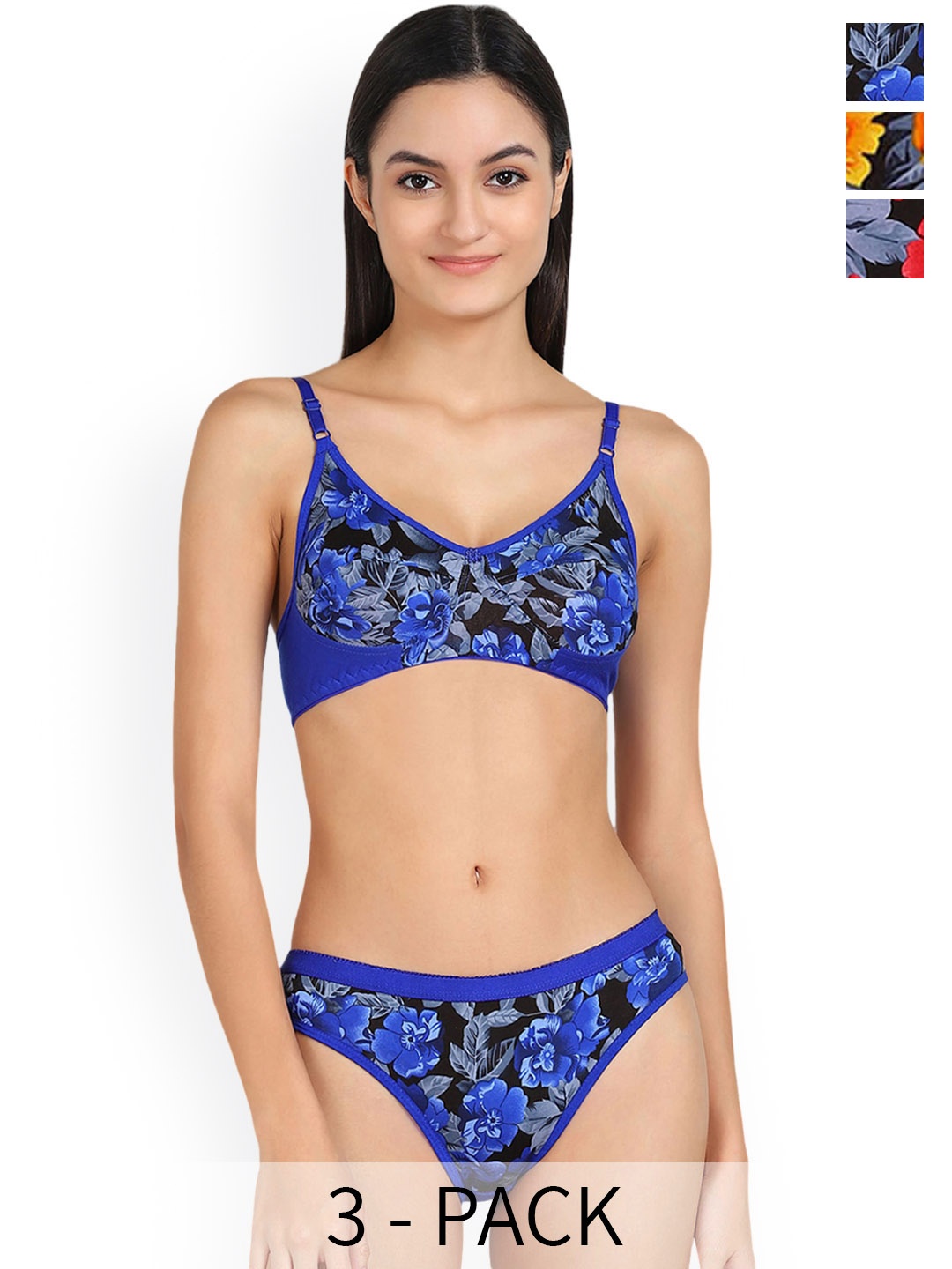 

PIBU Pack Of 3 Printed Cotton Lingerie Set, Blue