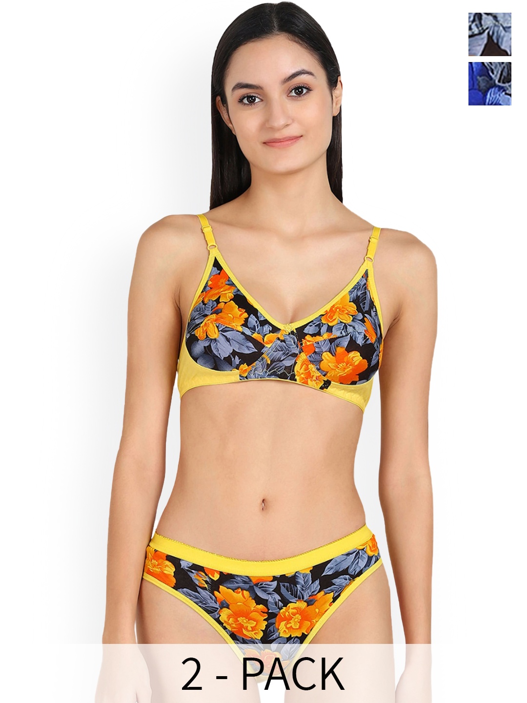 PIBU Pack Of 2 Printed Cotton Lingerie Set, Blue