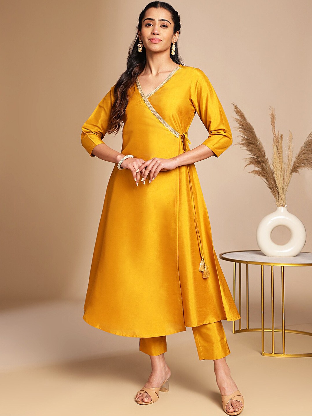 

KALINI V Neck Three-Quarter Sleeves Wrap Angrakha Gotta Patti Kurta with Trousers, Mustard