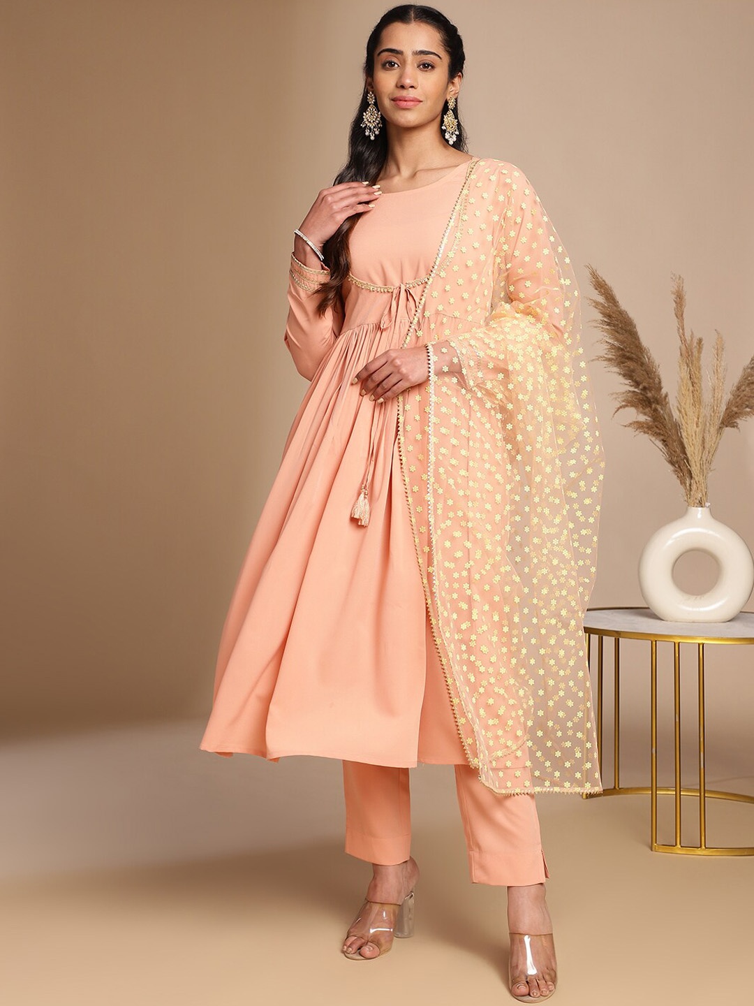 

KALINI Round Neck Flared Anarkali Kurta With Trousers & Dupatta, Peach
