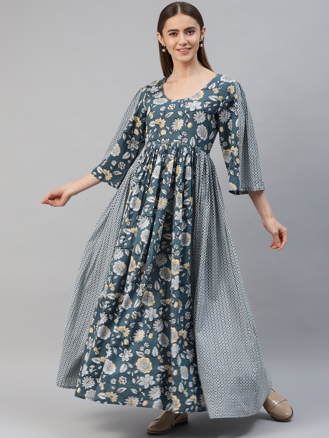 

kipek Floral Printed Cotton Anarkali Kurta, Teal