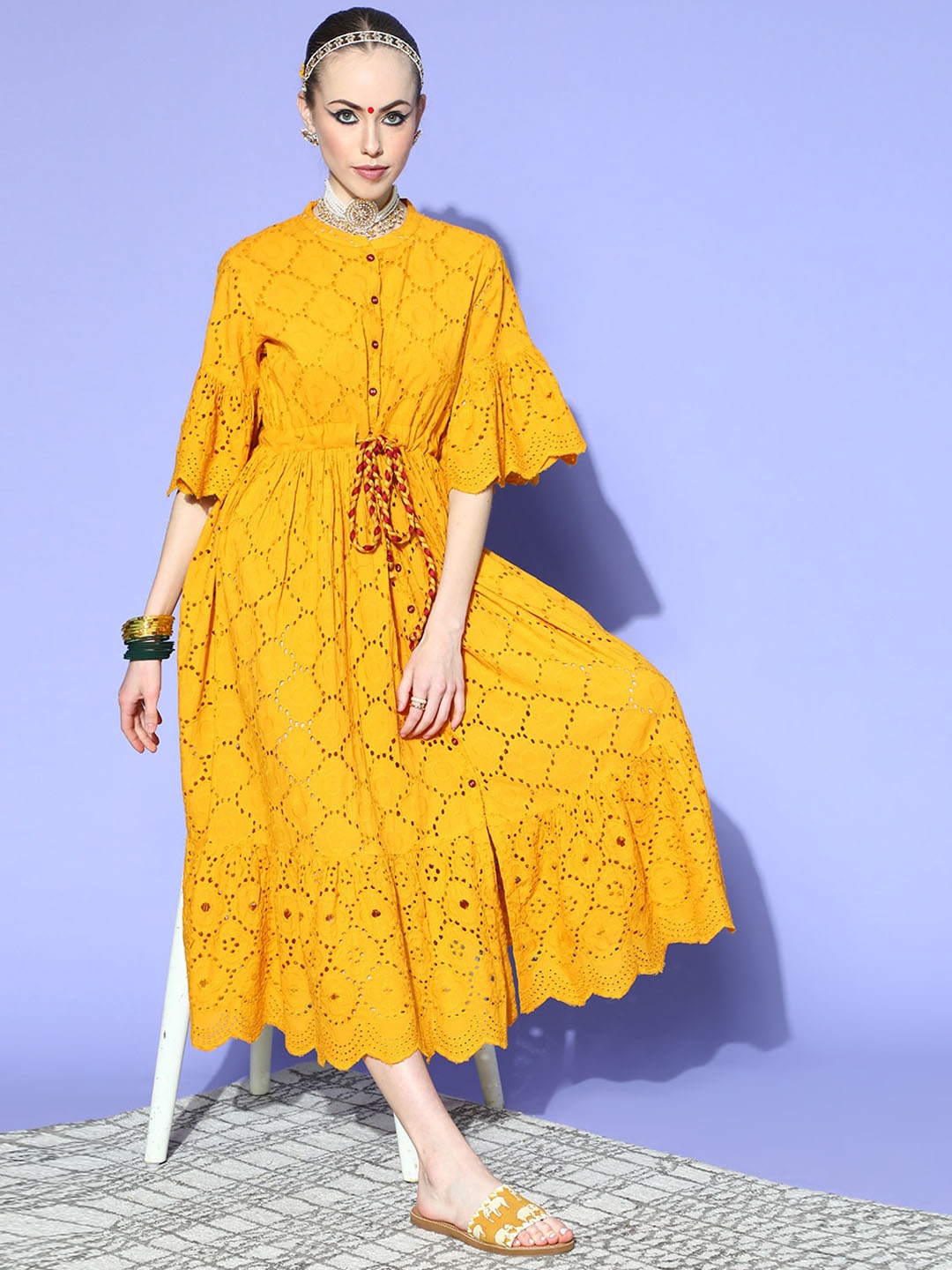 

kipek Self Design Cotton Anarkali Kurta, Yellow