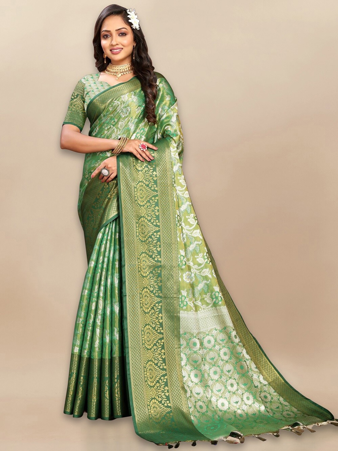 

faxofab Floral Woven Design Zari Pure Silk Kanjeevaram Saree, Green