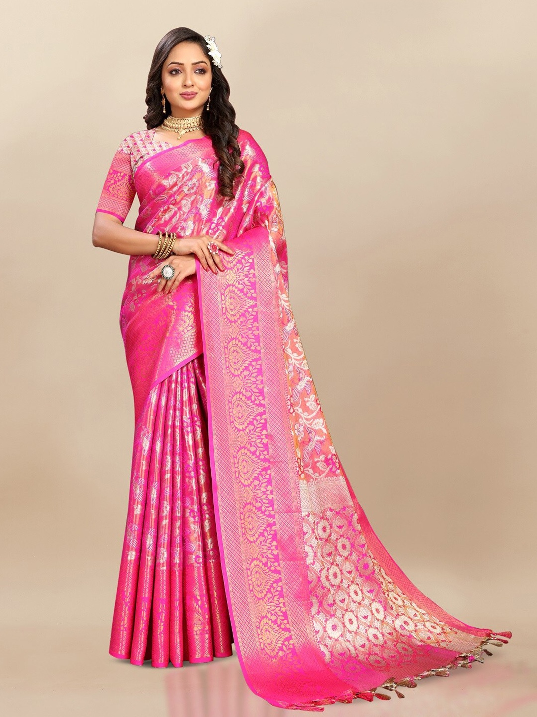 

faxofab Floral Woven Design Zari Pure Silk Kanjeevaram Saree, Pink