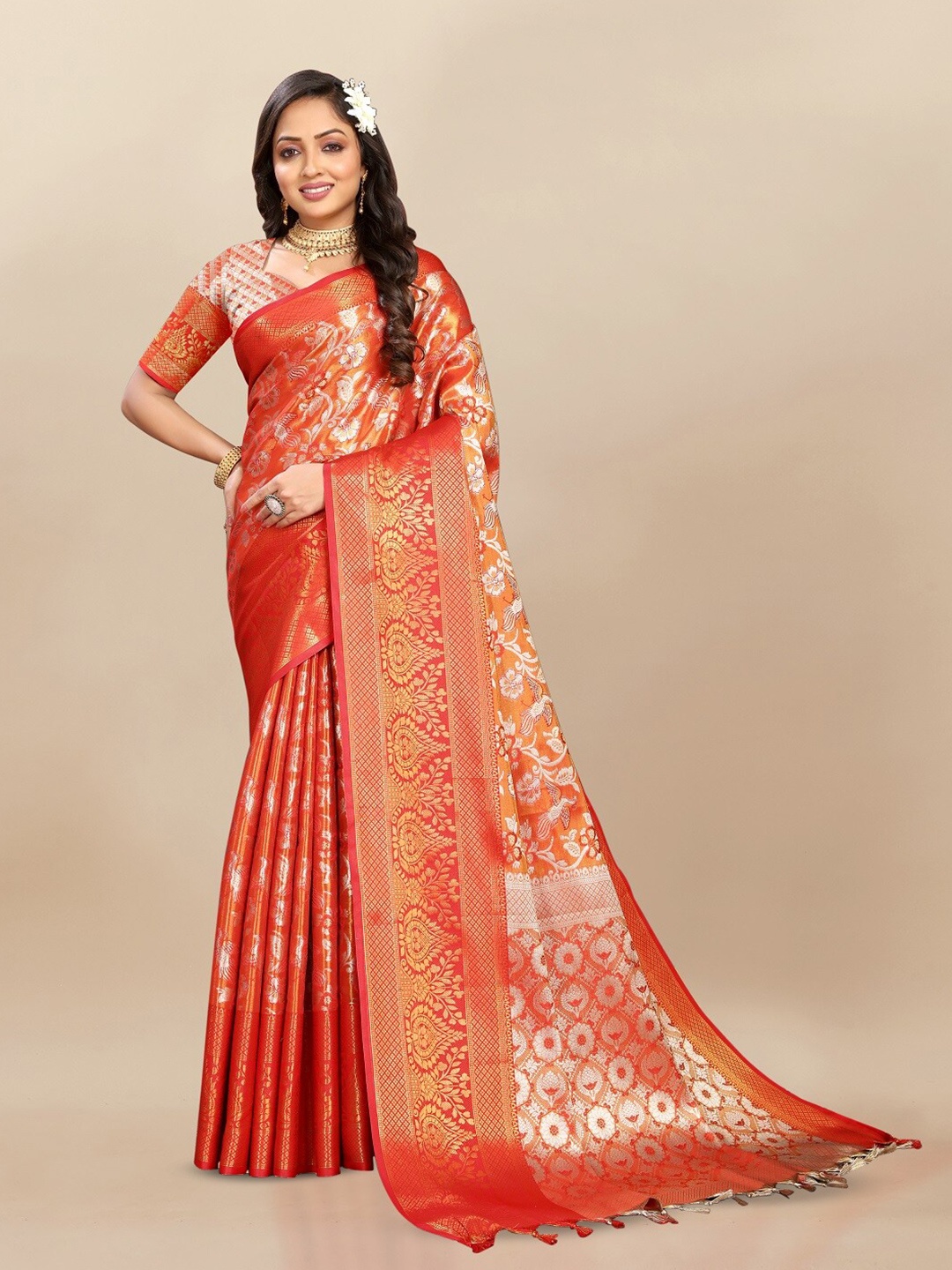 

faxofab Floral Woven Design Zari Pure Silk Kanjeevaram Saree, Orange