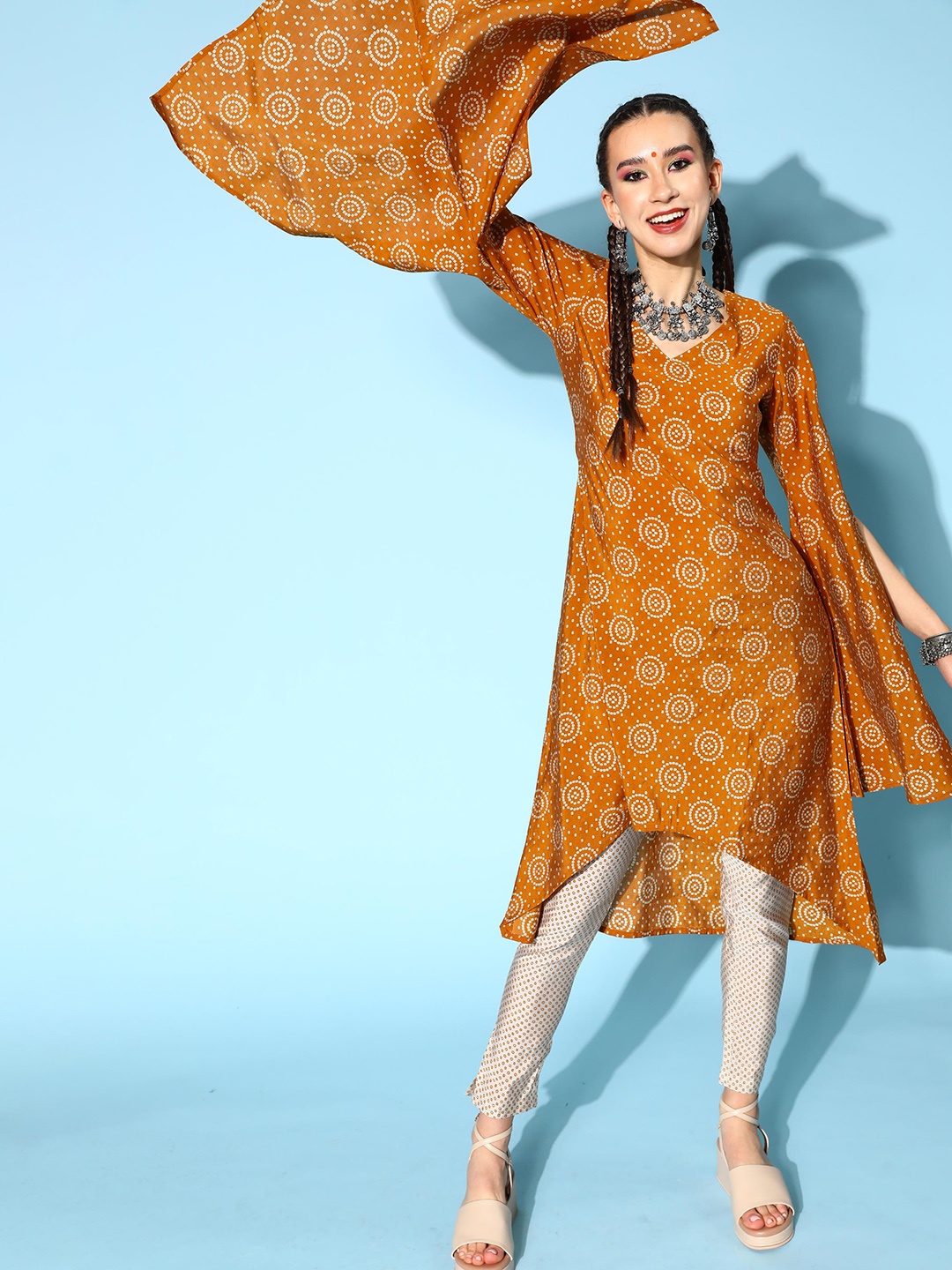 

kipek Bandhani Printed A-Line Kurta with Palazzos, Brown