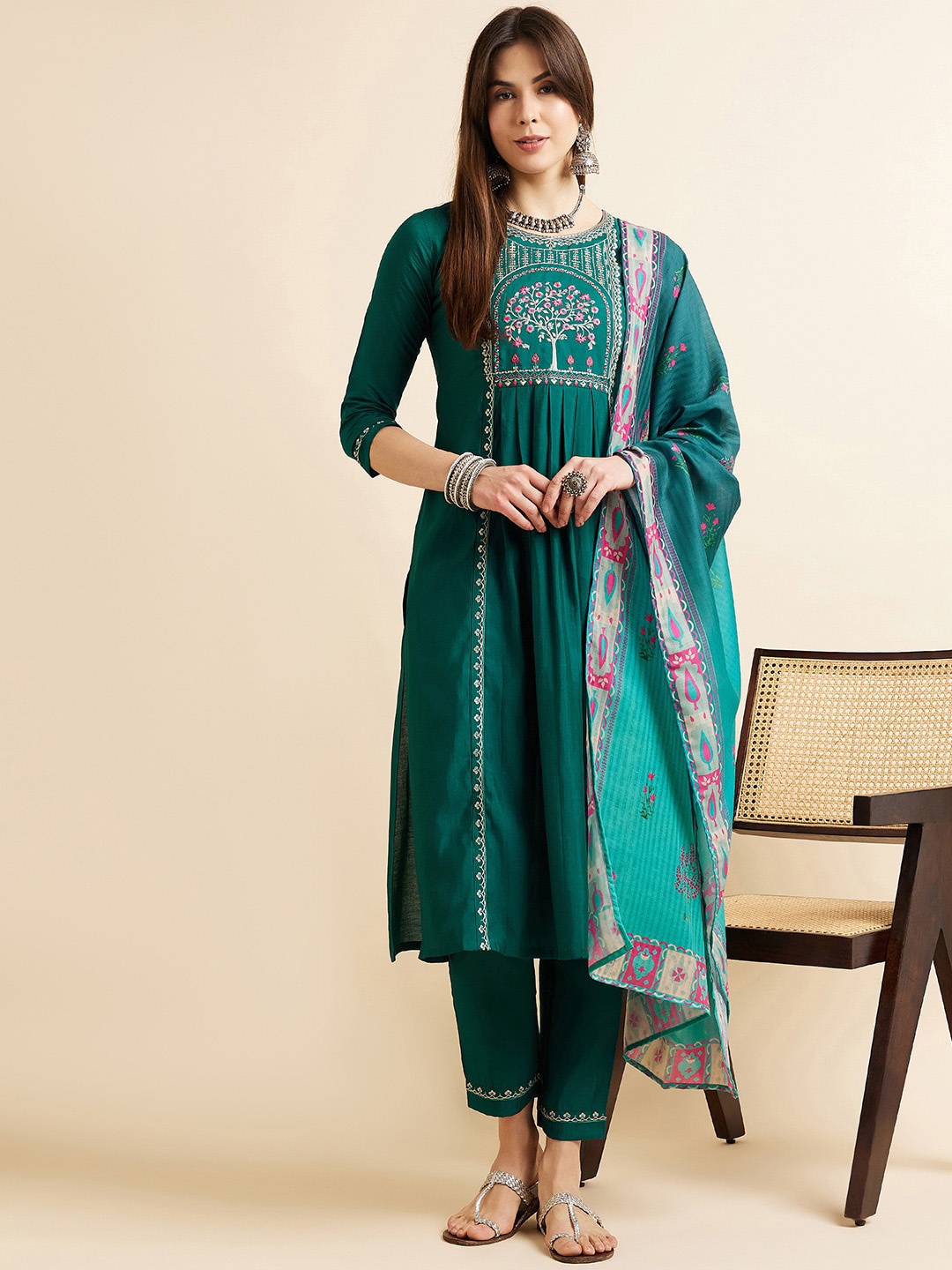 

KALINI Floral Embroidered Thread Work Pure Cotton Kurta with Trousers & With Dupatta, Teal