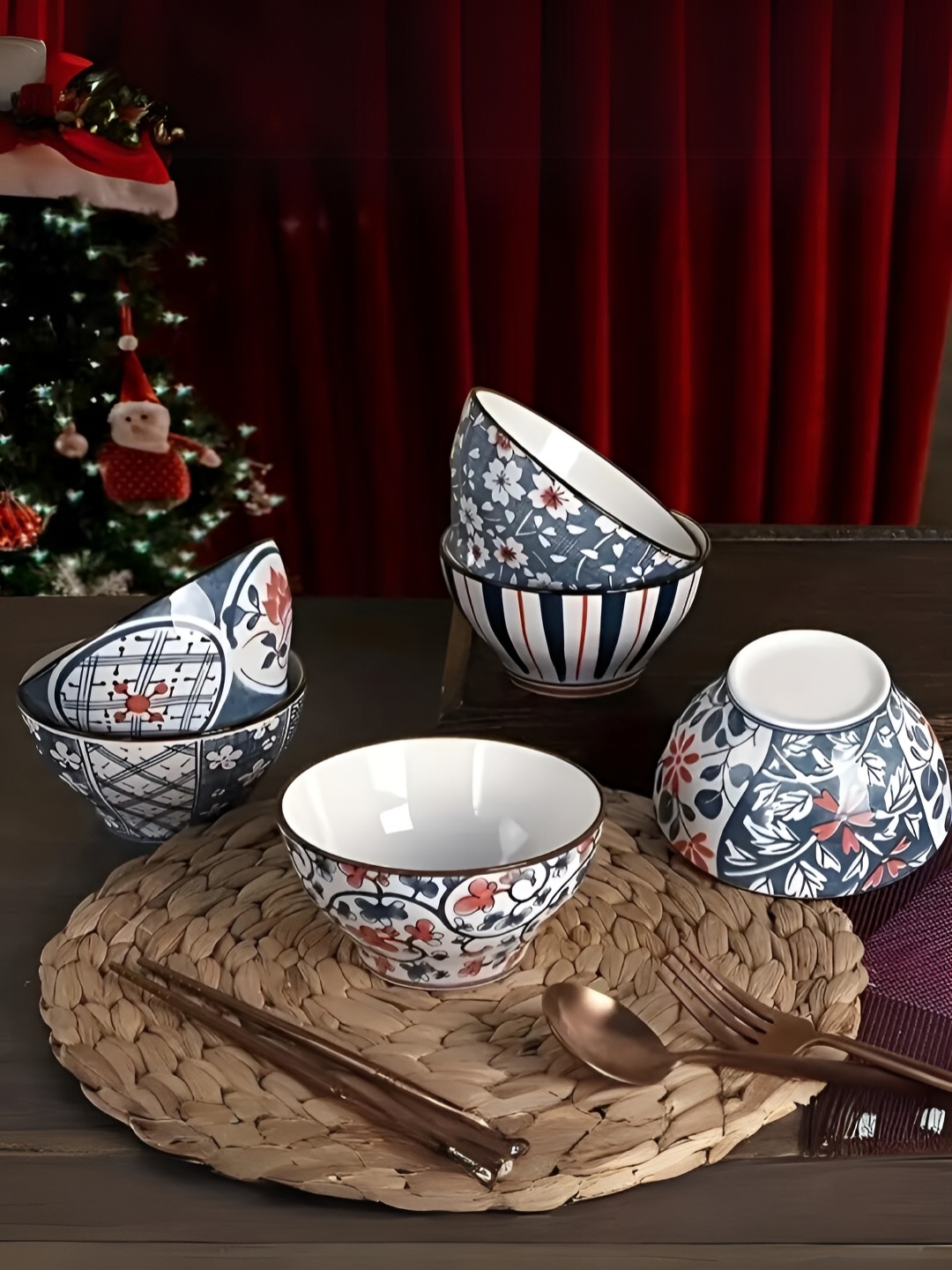 

UniKart White & Blue 6 Pieces Floral Printed Porcelain Glossy Bowls