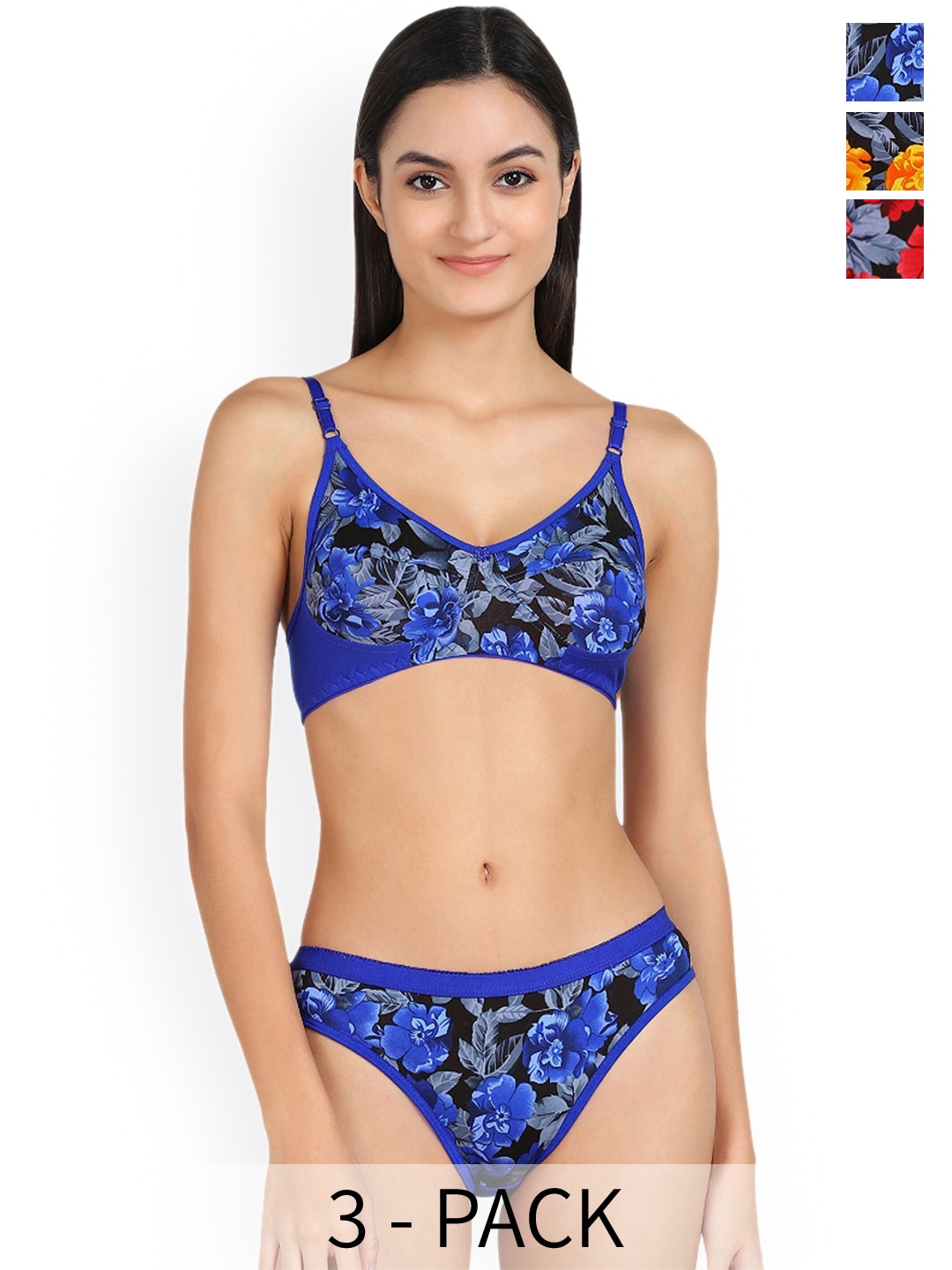 Aamarsh Pack of 3 Floral Printed Cotton Brief Lingerie Set, Blue