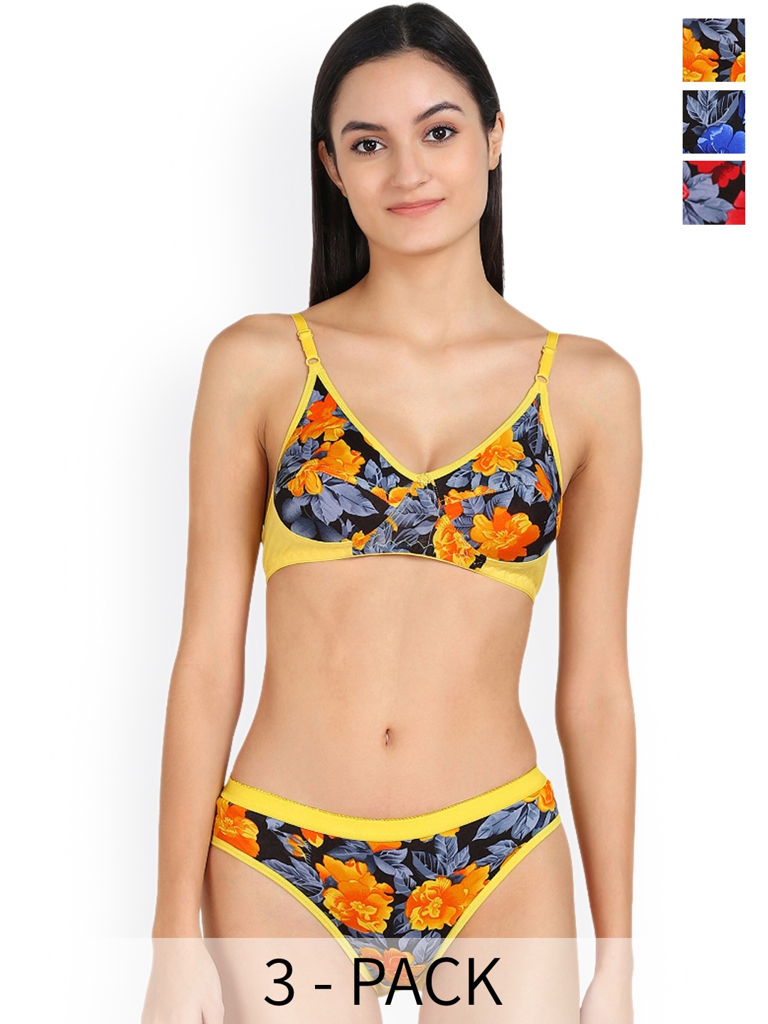 

Aamarsh Pack of 3 Floral Printed Cotton Brief Lingerie Set, Yellow