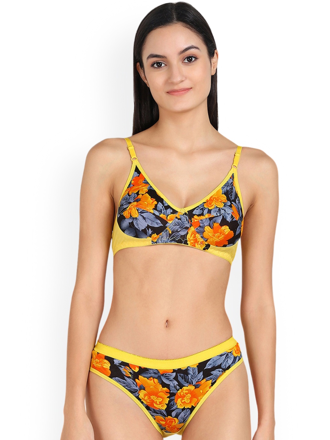 Aamarsh Floral Printed Cotton Briefs Lingerie Set, Black