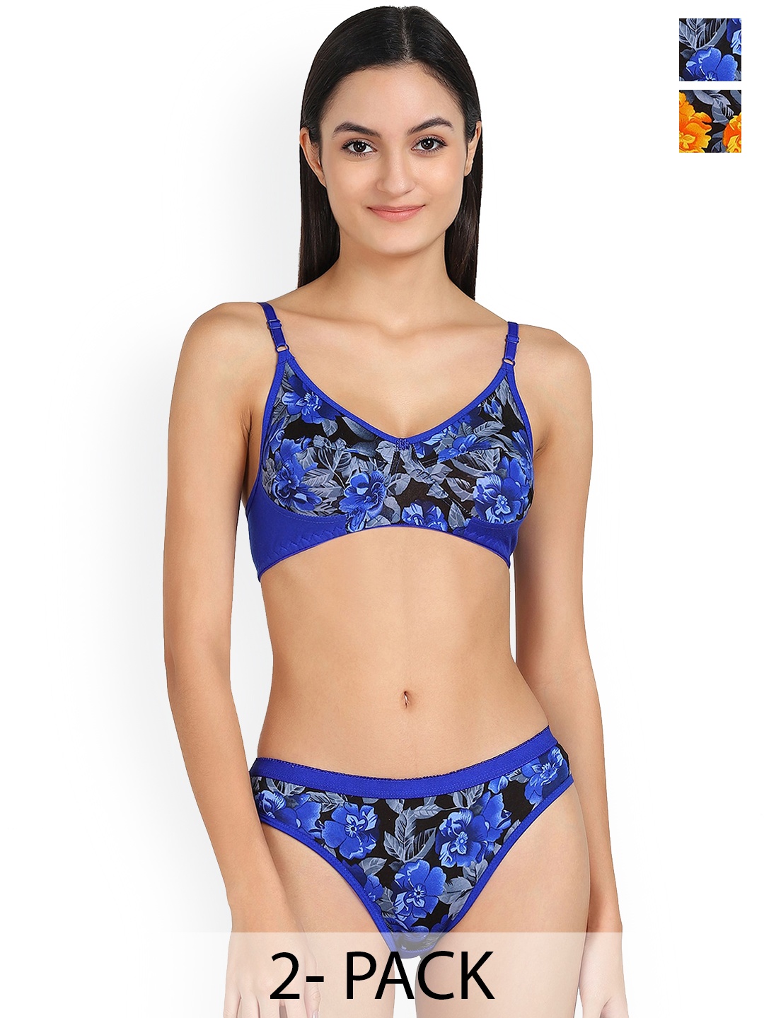 

Aamarsh Pack Of 2 Floral Printed Cotton Briefs Lingerie Set, Blue
