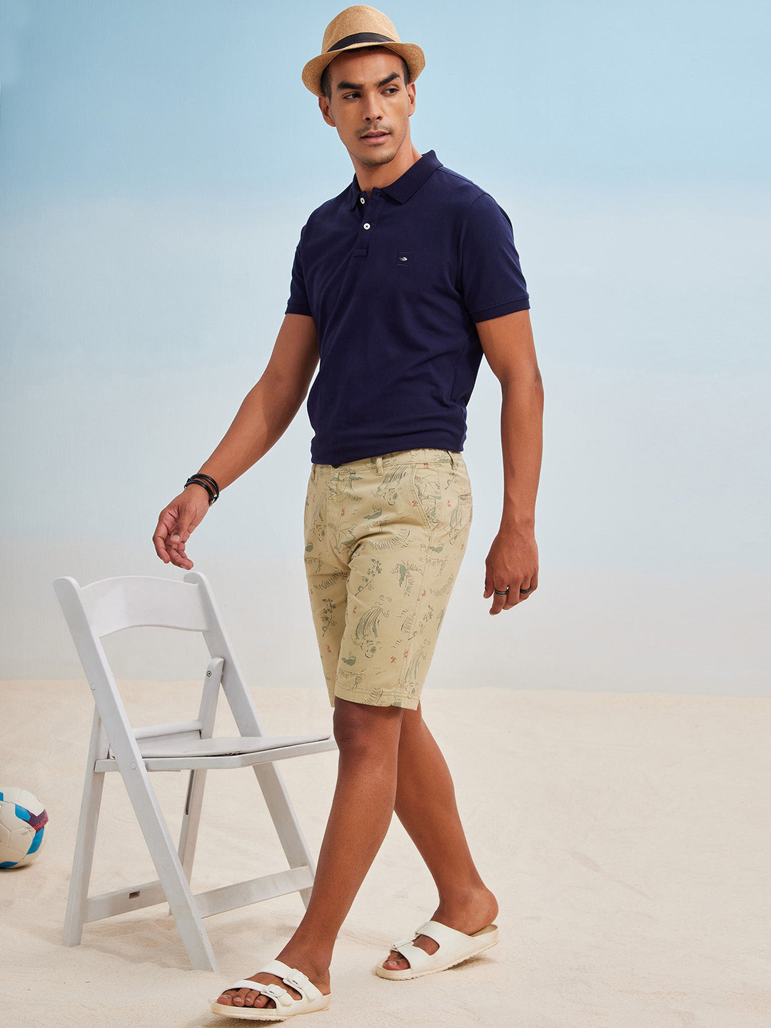 

Red Flame Men Floral Printed Mid Rise Pure Cotton Shorts, Beige