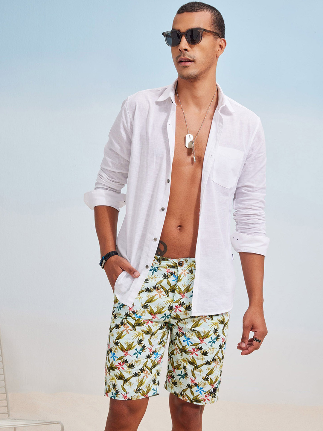

Red Flame Men Floral Printed Pure Cotton Shorts, Cream