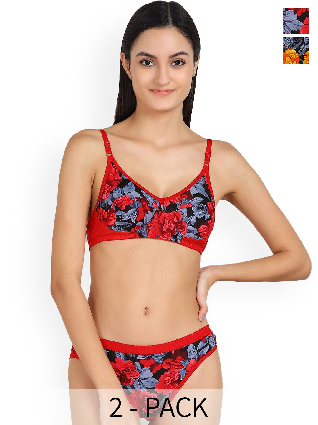 

In-Curve Pack Of 2 Floral Printed Non Padded Breathable Cotton Lingerie Set, Yellow