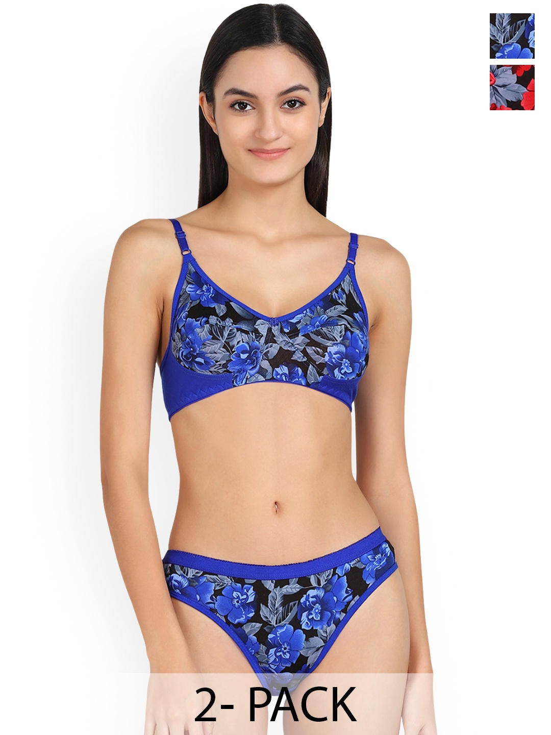 

In-Curve Pack Of 2 Floral Printed Non Padded Breathable Cotton Lingerie Set, Blue