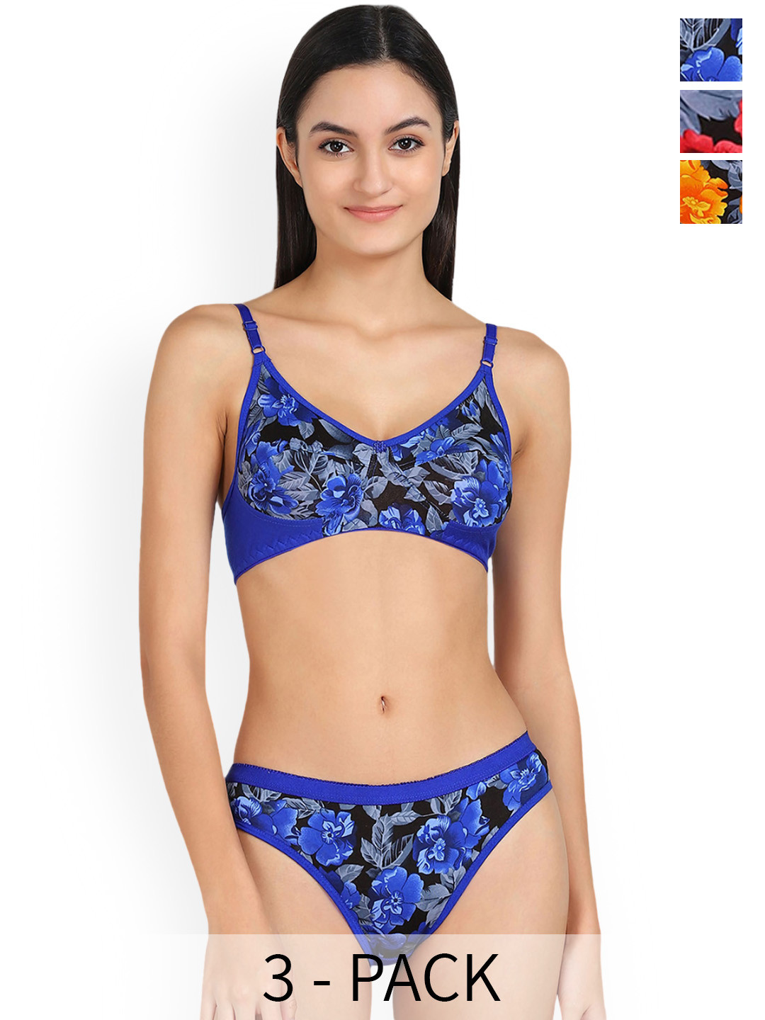 

In-Curve Pack Of 3 Printed Mid-Rise Cotton Lingerie Set, Blue