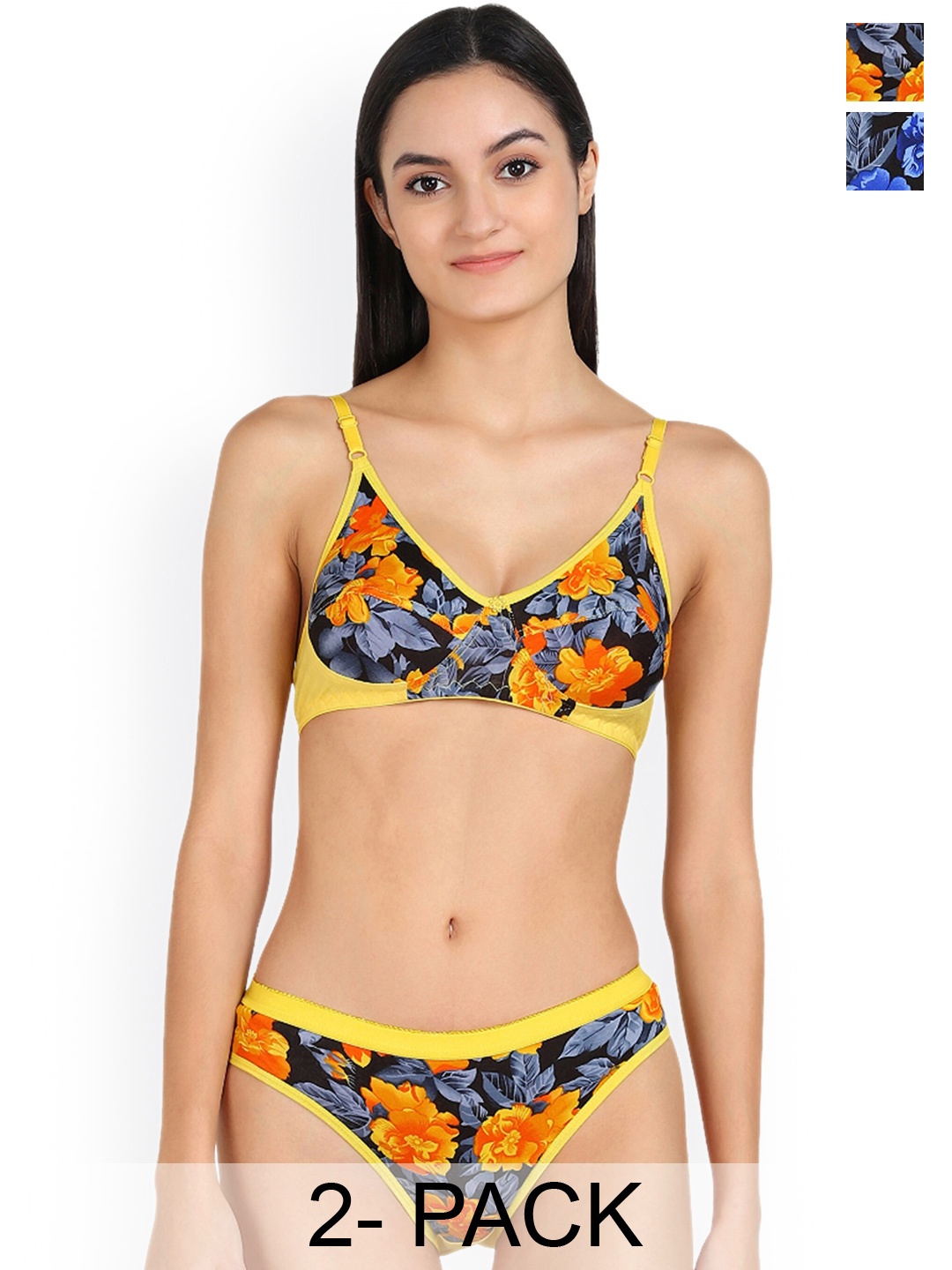 

In-Curve Pack Of 2 Floral Printed Non Padded Breathable Cotton Lingerie Set, Blue