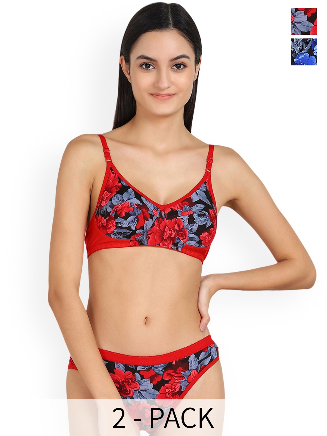 In-Curve Pack Of 2 Printed Mid-Rise Cotton Lingerie Set, Blue
