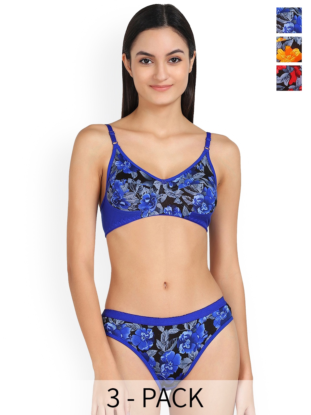 

In-Curve Pack Of 3 Floral Printed Non Padded Breathable Cotton Lingerie Set, Blue