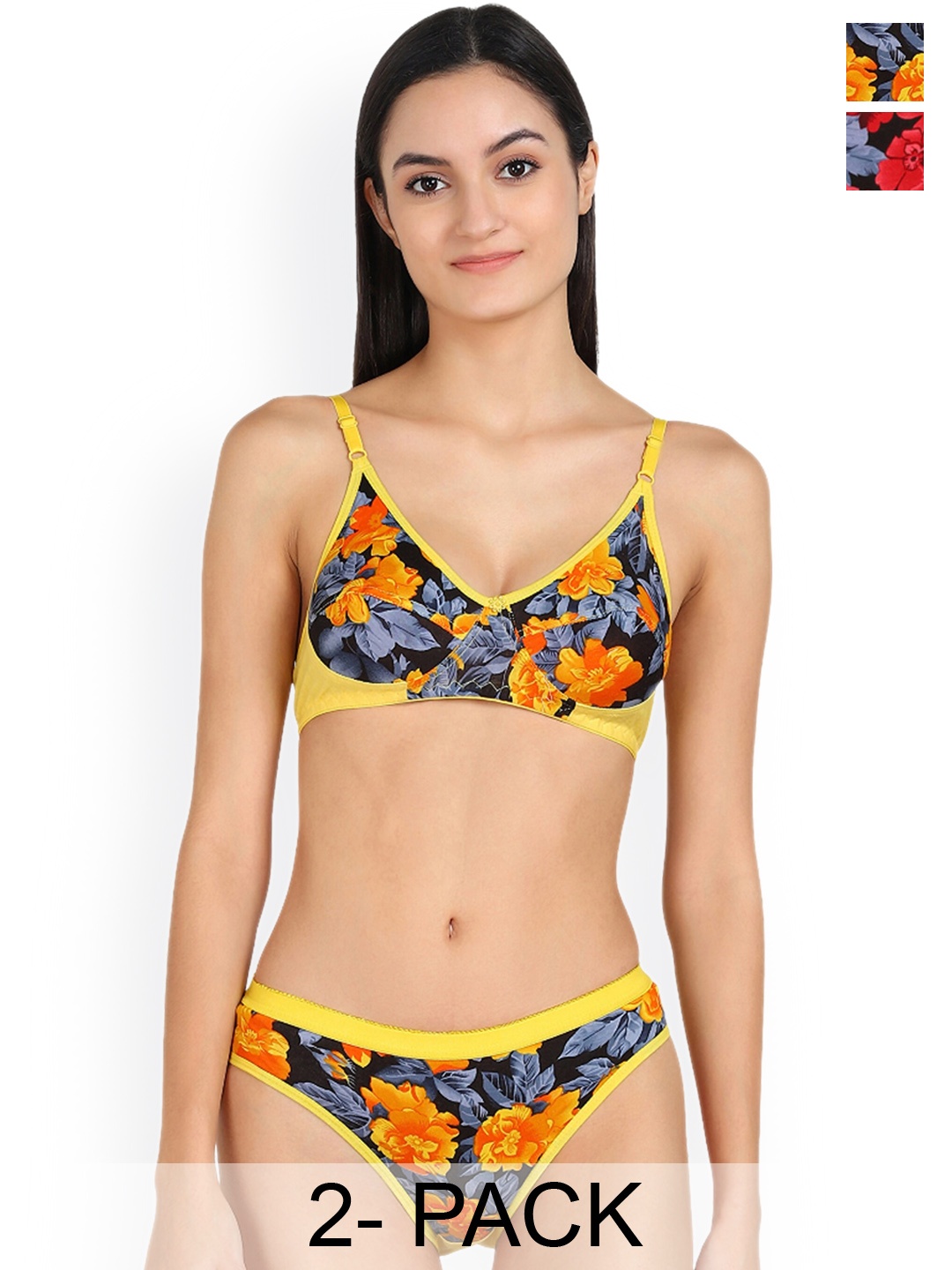 

In-Curve Pack Of 2 Floral Printed Non Padded Breathable Cotton Lingerie Set, Yellow