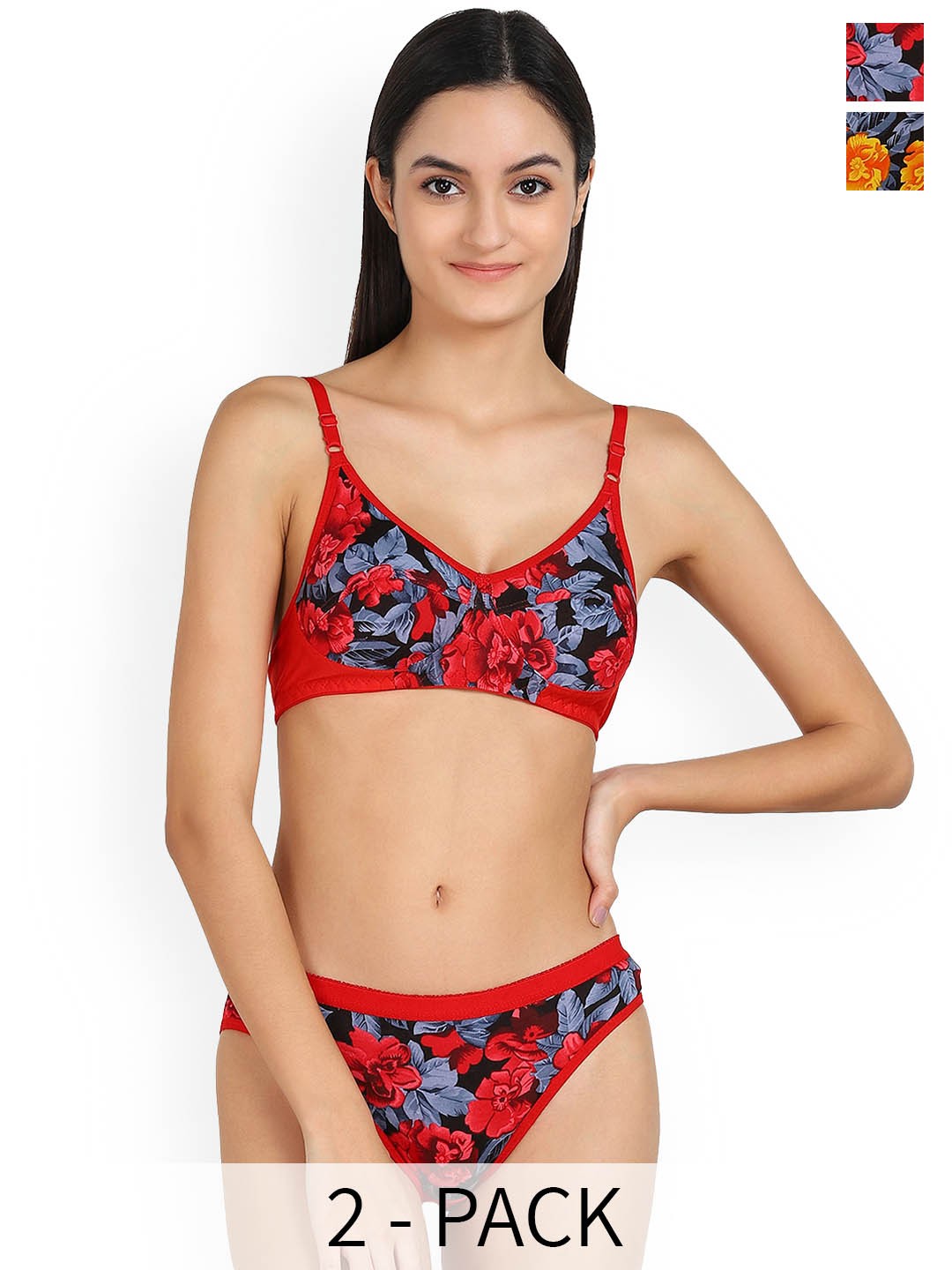 

In-Curve Pack Of 2 Floral Printed Non Padded Breathable Cotton Lingerie Set, Yellow