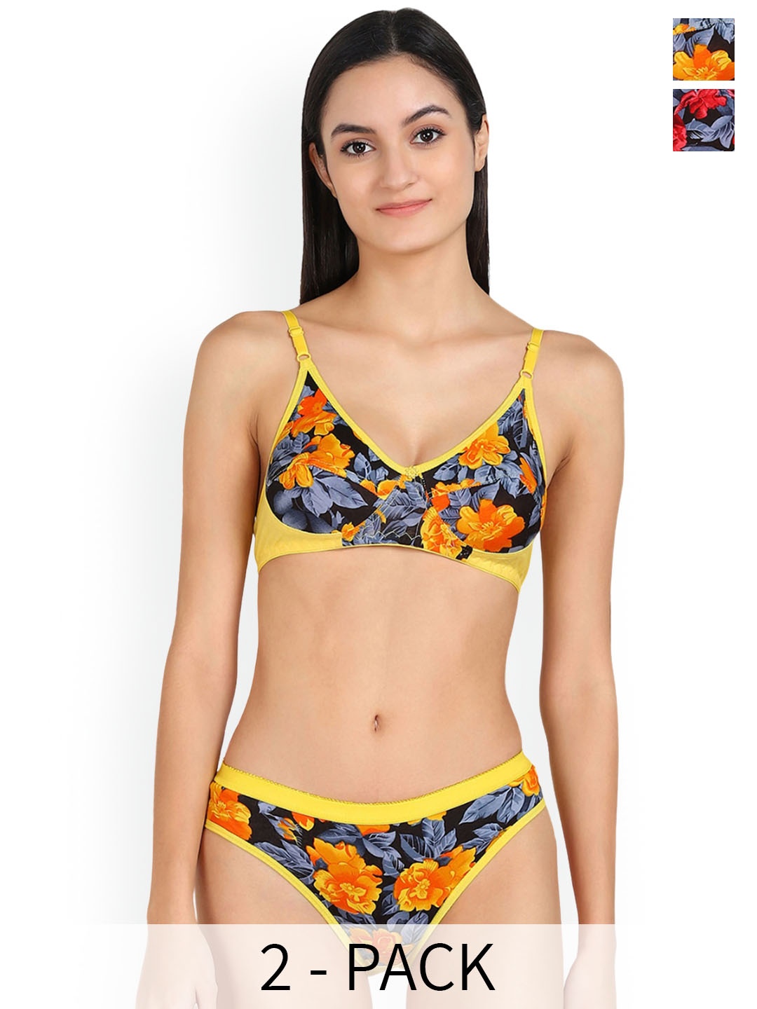 

In-Curve Pack Of 2 Printed Mid-Rise Cotton Lingerie Set, Yellow