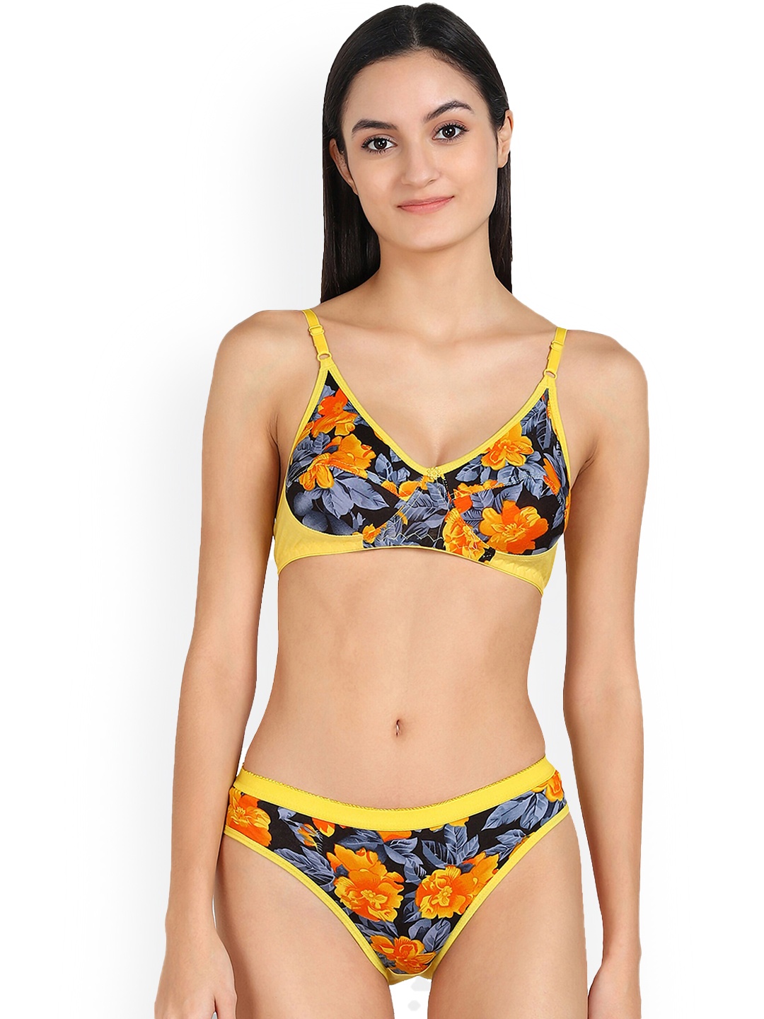 

In-Curve Floral Printed Non Padded Breathable Cotton Lingerie Set, Yellow