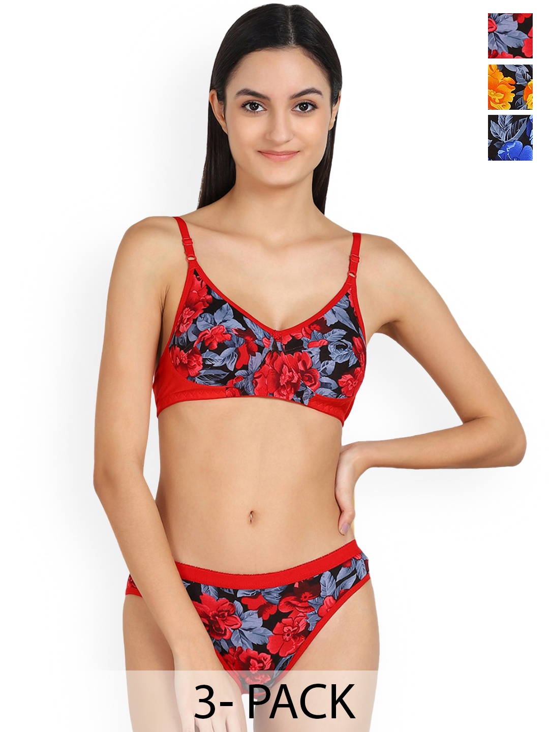 

In-Curve Pack Of 3 Floral Printed Non Padded Breathable Cotton Lingerie Set, Blue