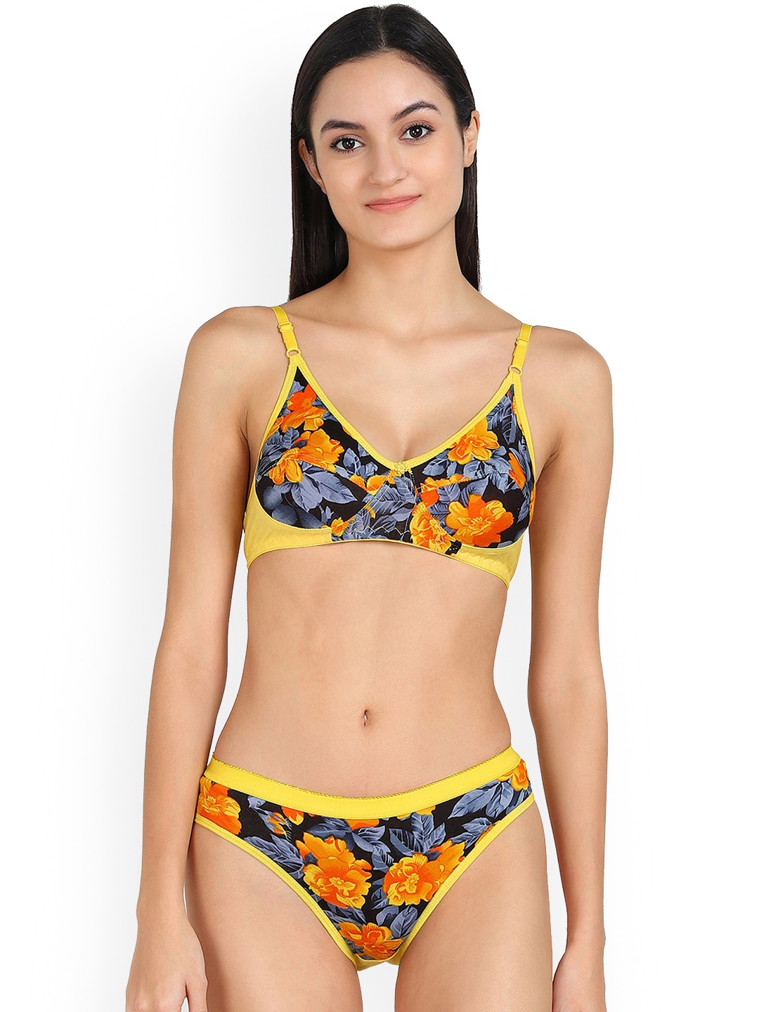 

In-Curve Floral Printed Non Padded Breathable Cotton Lingerie Set, Yellow