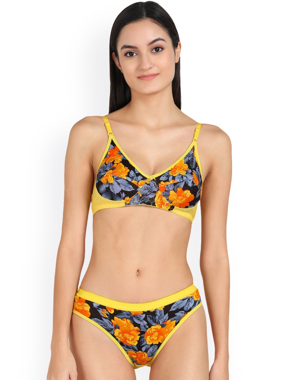 

In-Curve Floral Printed Non Padded Breathable Cotton Lingerie Set, Yellow