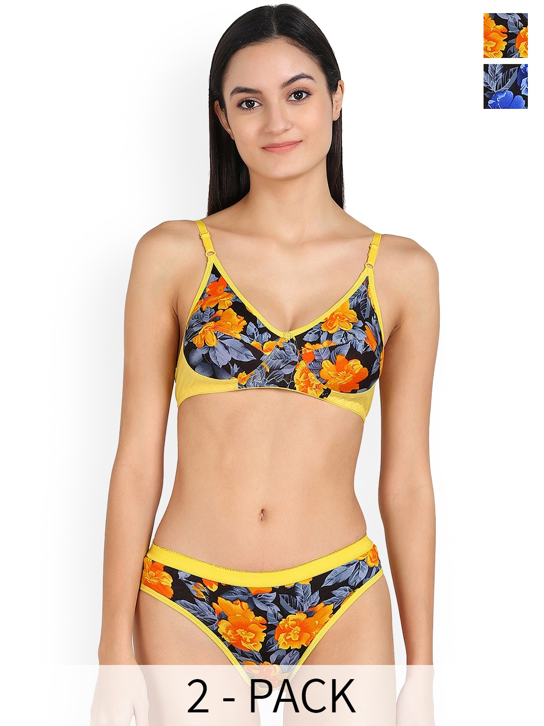 

In-Curve Pack Of 2 Printed Mid-Rise Cotton Lingerie Set, Blue