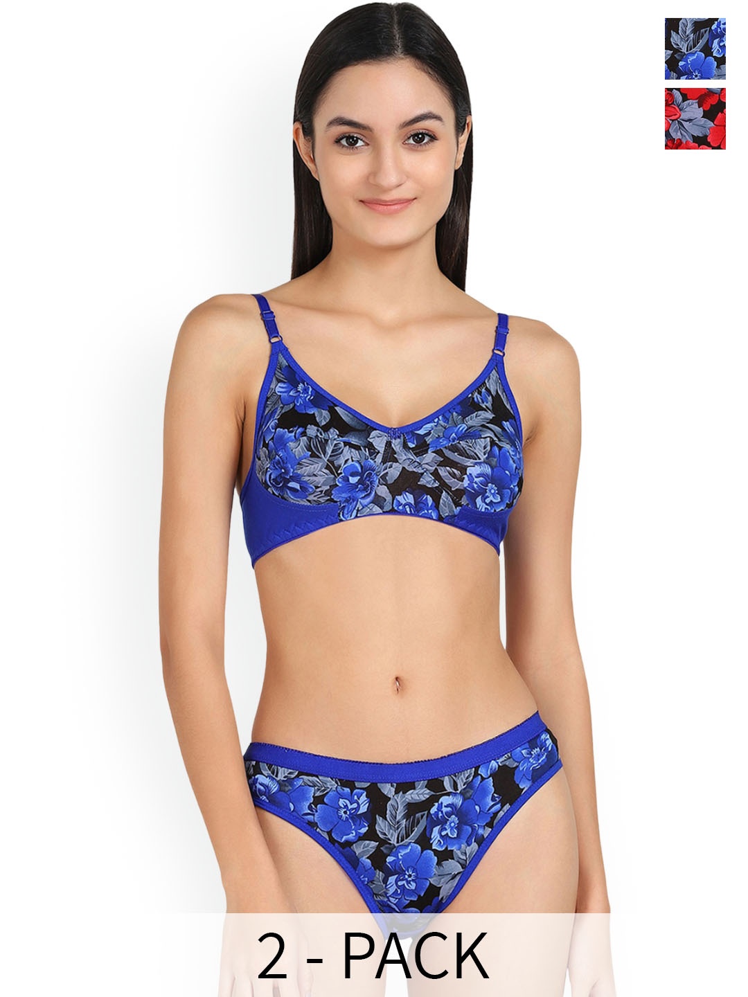

In-Curve Pack Of 2 Floral Printed Non Padded Breathable Cotton Lingerie Set, Blue